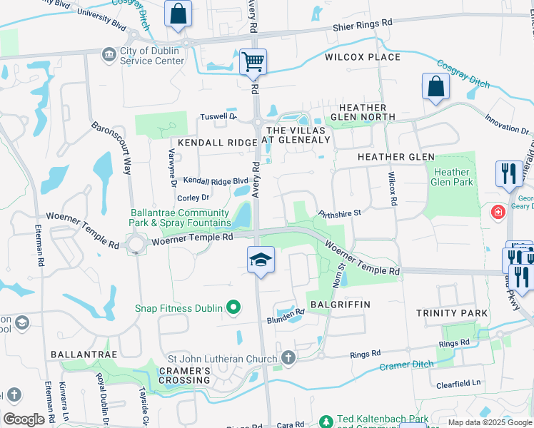 map of restaurants, bars, coffee shops, grocery stores, and more near 6274 Ruth Ann Court in Dublin
