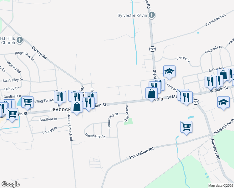map of restaurants, bars, coffee shops, grocery stores, and more near 195 West Main Street in Leacock-Leola-Bareville