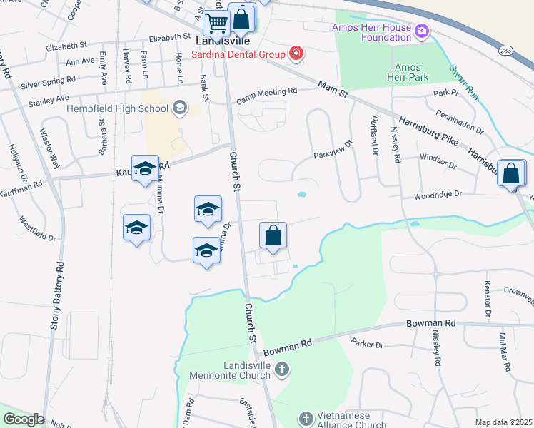 map of restaurants, bars, coffee shops, grocery stores, and more near 350 Brandt Drive in Salunga-Landisville