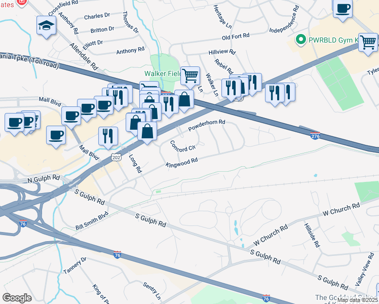 map of restaurants, bars, coffee shops, grocery stores, and more near 164 Concord Circle in King of Prussia