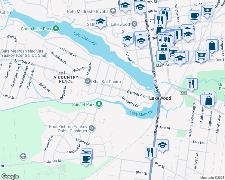 map of restaurants, bars, coffee shops, grocery stores, and more near 309 County Road 528 in Lakewood