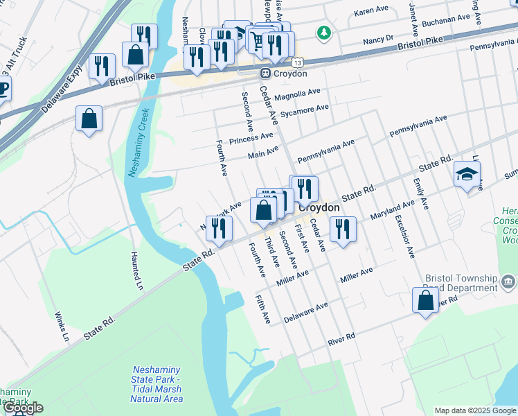 map of restaurants, bars, coffee shops, grocery stores, and more near 713 Third Avenue in Croydon
