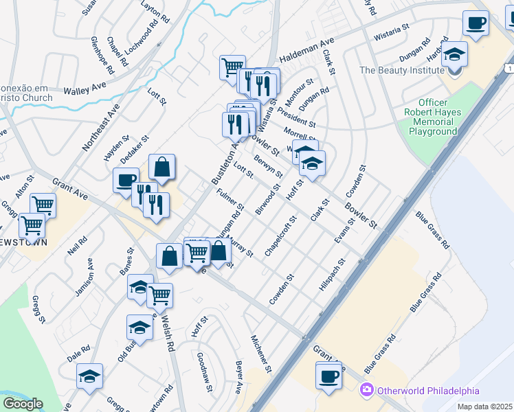 map of restaurants, bars, coffee shops, grocery stores, and more near 9648 Birwood Street in Philadelphia