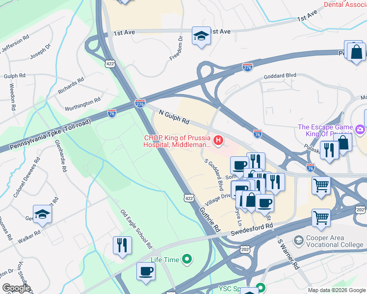 map of restaurants, bars, coffee shops, grocery stores, and more near 120 Valley Green Lane in King of Prussia