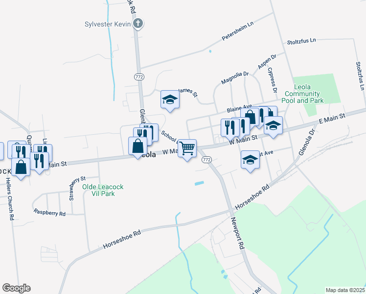 map of restaurants, bars, coffee shops, grocery stores, and more near 8 School Drive in Leacock-Leola-Bareville