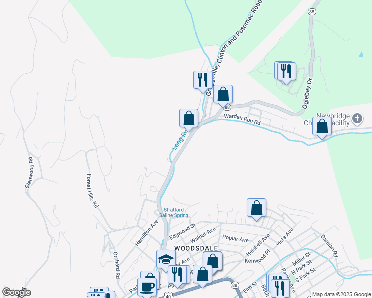 map of restaurants, bars, coffee shops, grocery stores, and more near 168 Bethany Pike Highway in Wheeling