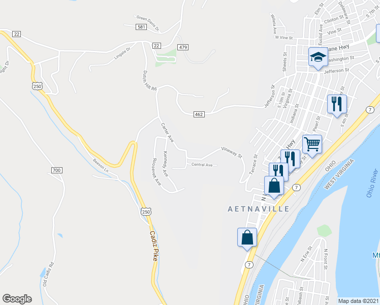 map of restaurants, bars, coffee shops, grocery stores, and more near 1250 North Street in Martins Ferry