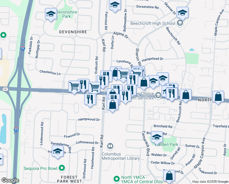 map of restaurants, bars, coffee shops, grocery stores, and more near 1620-1698 East Dublin Granville Road in Columbus