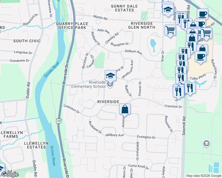 map of restaurants, bars, coffee shops, grocery stores, and more near 3260 Riverside Green Drive in Dublin
