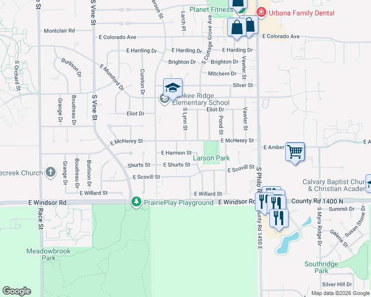 map of restaurants, bars, coffee shops, grocery stores, and more near 903 East McHenry Street in Urbana