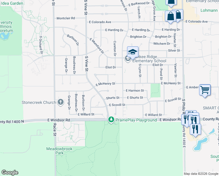 map of restaurants, bars, coffee shops, grocery stores, and more near 501 East McHenry Street in Urbana