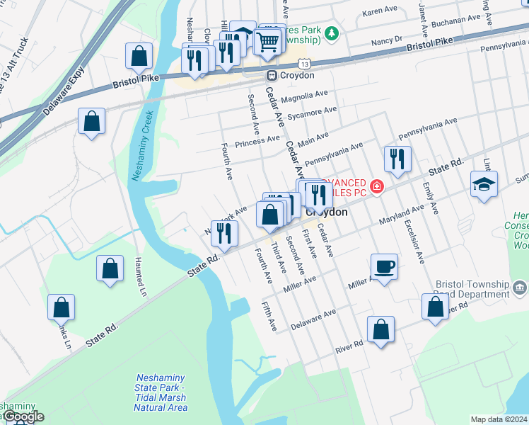 map of restaurants, bars, coffee shops, grocery stores, and more near 713 Third Avenue in Croydon