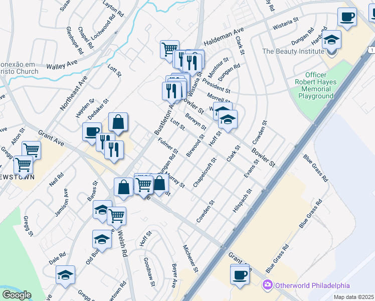 map of restaurants, bars, coffee shops, grocery stores, and more near 9648 Birwood Street in Philadelphia