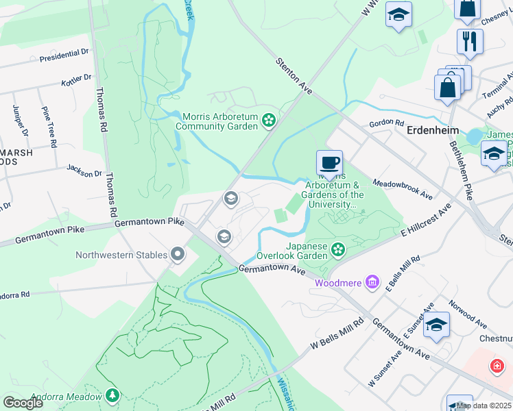 map of restaurants, bars, coffee shops, grocery stores, and more near 9601 Germantown Avenue in Philadelphia