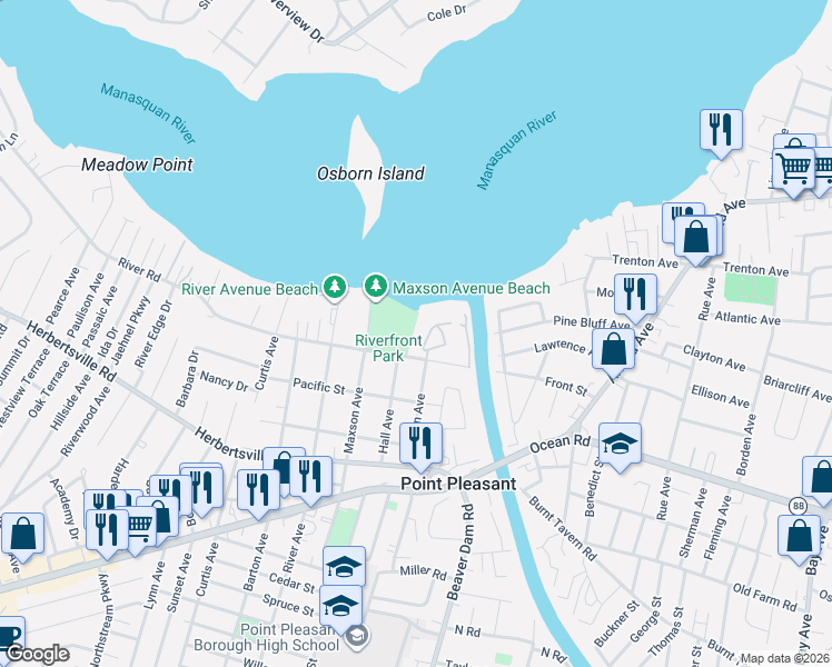 map of restaurants, bars, coffee shops, grocery stores, and more near River Road in Point Pleasant