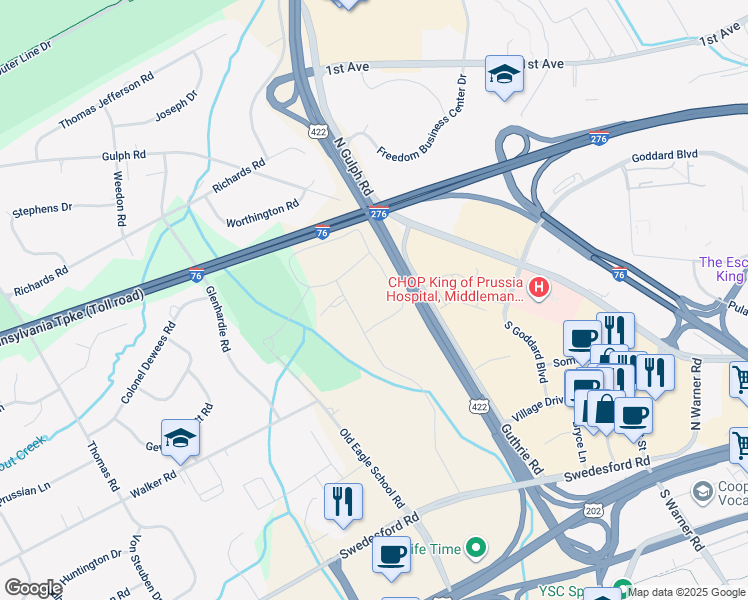 map of restaurants, bars, coffee shops, grocery stores, and more near 130-152 Drummers Lane in Wayne