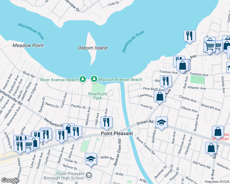 map of restaurants, bars, coffee shops, grocery stores, and more near 2103 River Road in Point Pleasant