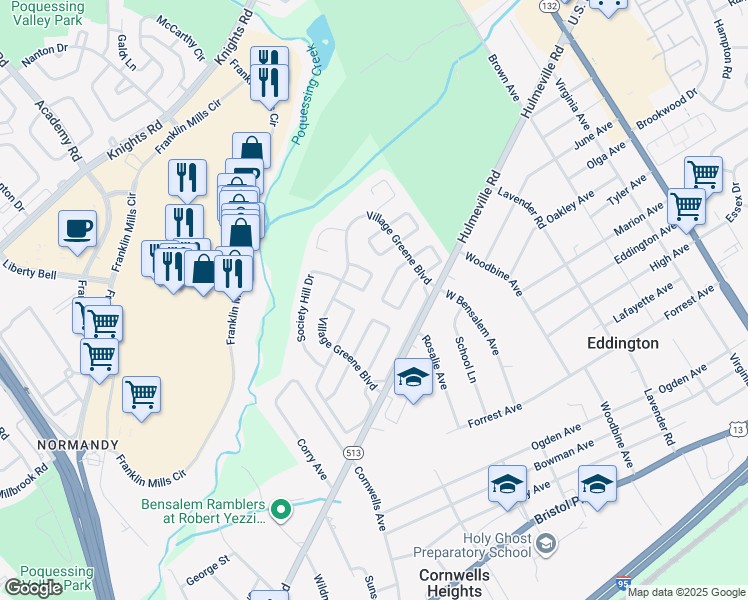 map of restaurants, bars, coffee shops, grocery stores, and more near 2366 New Market Square South in Bucks County