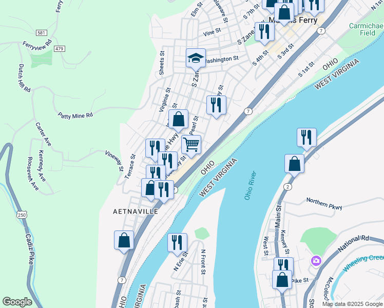 map of restaurants, bars, coffee shops, grocery stores, and more near 1100 Broadway Street in Martins Ferry