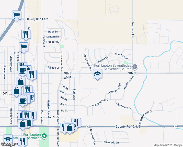map of restaurants, bars, coffee shops, grocery stores, and more near 1600 9th Street in Fort Lupton