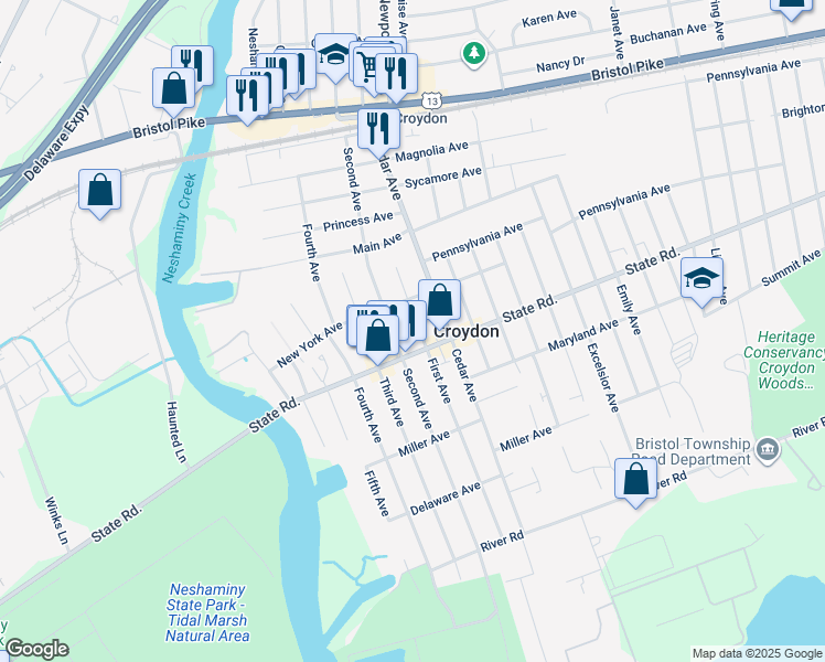 map of restaurants, bars, coffee shops, grocery stores, and more near 726 First Avenue in Croydon