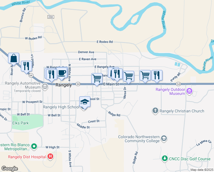 map of restaurants, bars, coffee shops, grocery stores, and more near 419 East Main Street in Rangely