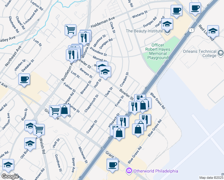 map of restaurants, bars, coffee shops, grocery stores, and more near 2101 Berwyn Street in Philadelphia