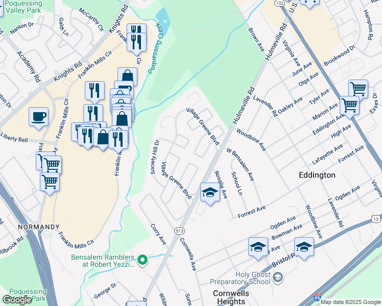 map of restaurants, bars, coffee shops, grocery stores, and more near 2366 New Market Square South in Bucks County