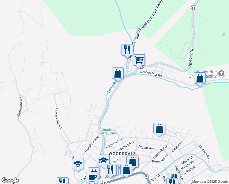 map of restaurants, bars, coffee shops, grocery stores, and more near 168 Bethany Pike Highway in Wheeling
