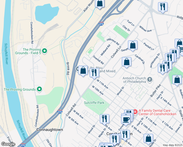 map of restaurants, bars, coffee shops, grocery stores, and more near 504 Palmer Road in Conshohocken