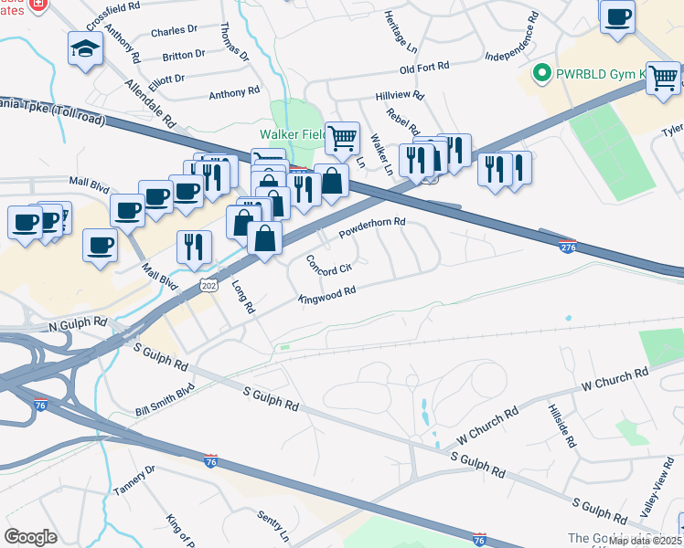 map of restaurants, bars, coffee shops, grocery stores, and more near 164 Concord Circle in King of Prussia