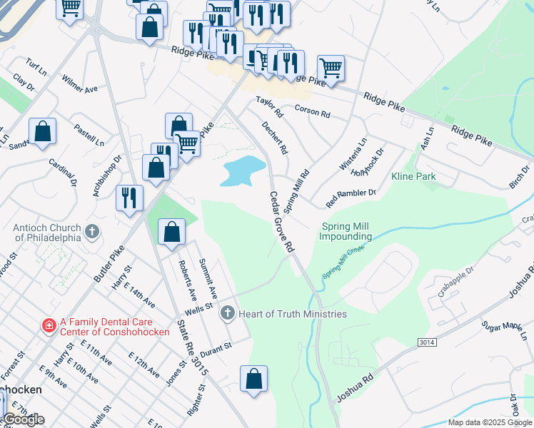 map of restaurants, bars, coffee shops, grocery stores, and more near 70 Cedar Grove Road in Conshohocken