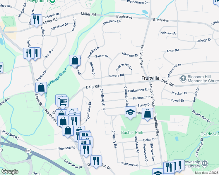 map of restaurants, bars, coffee shops, grocery stores, and more near 478 Delp Rd in Lancaster