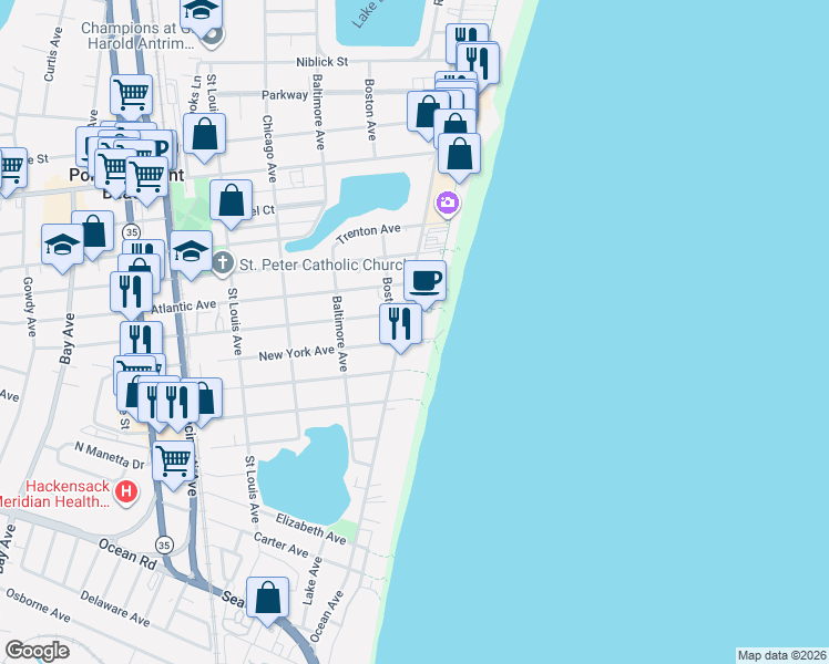 map of restaurants, bars, coffee shops, grocery stores, and more near 1002 North Ocean Avenue in Point Pleasant Beach