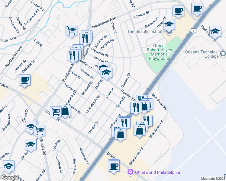 map of restaurants, bars, coffee shops, grocery stores, and more near 2101 Berwyn Street in Philadelphia