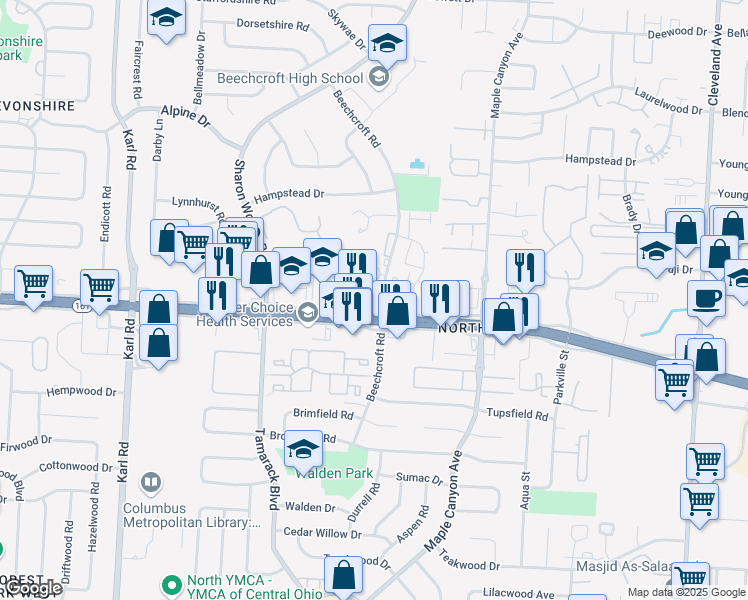 map of restaurants, bars, coffee shops, grocery stores, and more near 1990 East Dublin Granville Road in Columbus