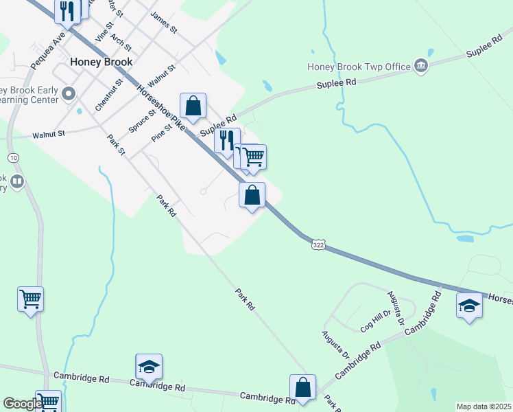map of restaurants, bars, coffee shops, grocery stores, and more near 35 Village Square in Honey Brook