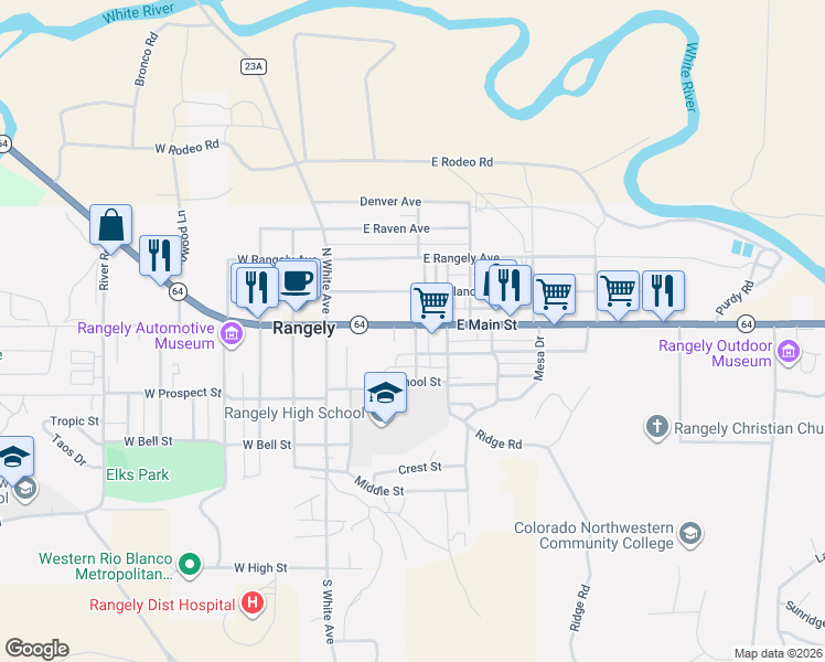 map of restaurants, bars, coffee shops, grocery stores, and more near 301-347 East Main Street in Rangely