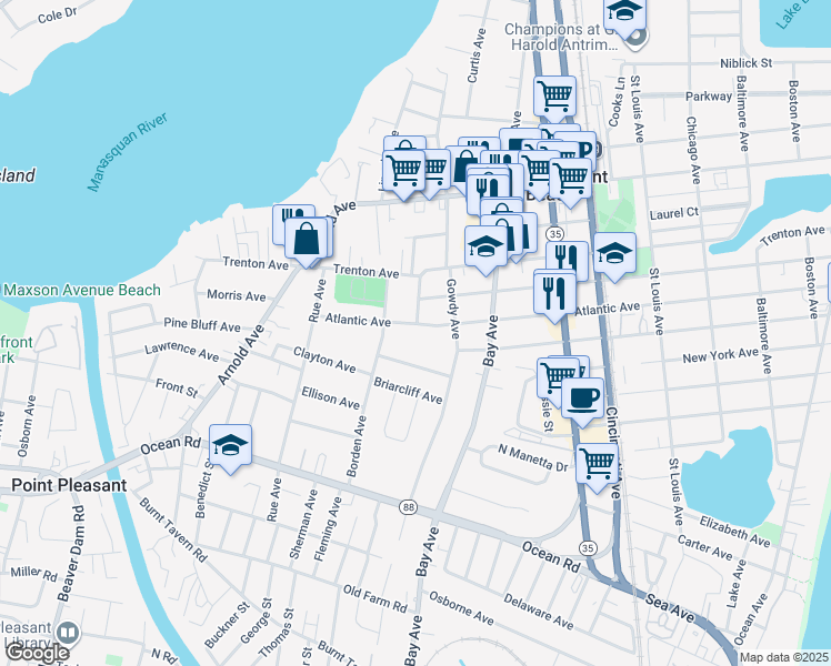 map of restaurants, bars, coffee shops, grocery stores, and more near 818 Atlantic Avenue in Point Pleasant Beach