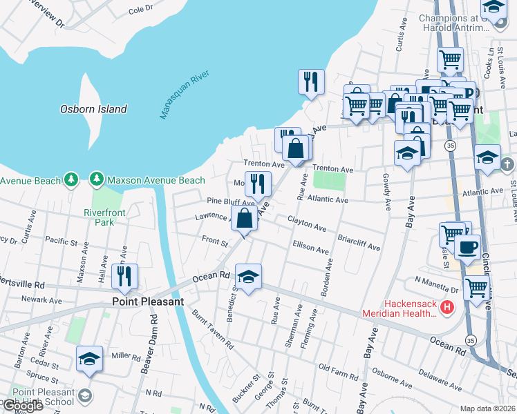 map of restaurants, bars, coffee shops, grocery stores, and more near in Point Pleasant