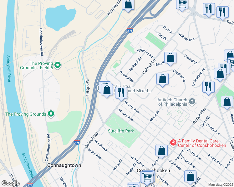 map of restaurants, bars, coffee shops, grocery stores, and more near 504 Palmer Road in Conshohocken