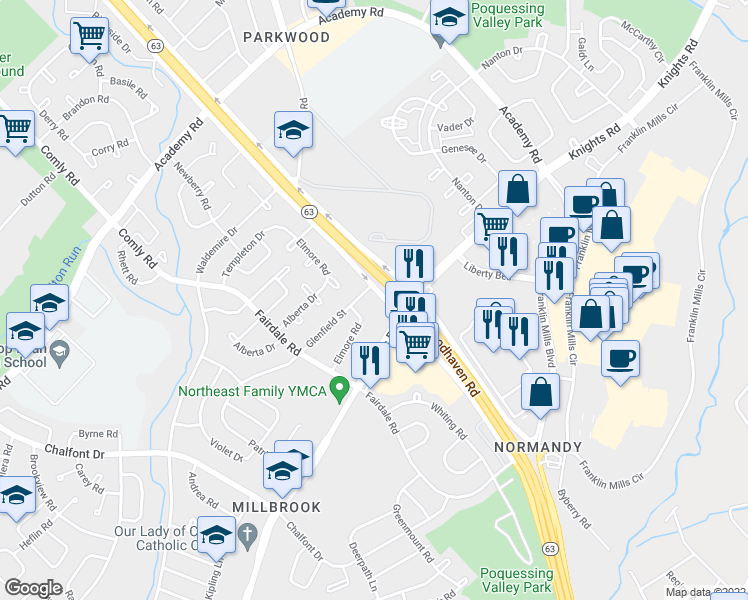 map of restaurants, bars, coffee shops, grocery stores, and more near 3910 Woodhaven Road in Philadelphia