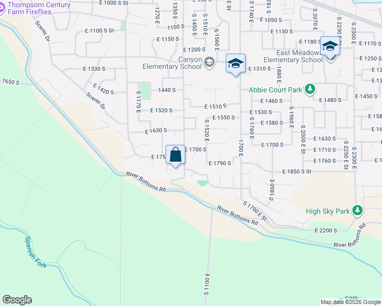 map of restaurants, bars, coffee shops, grocery stores, and more near 1724 South 1440 East in Spanish Fork