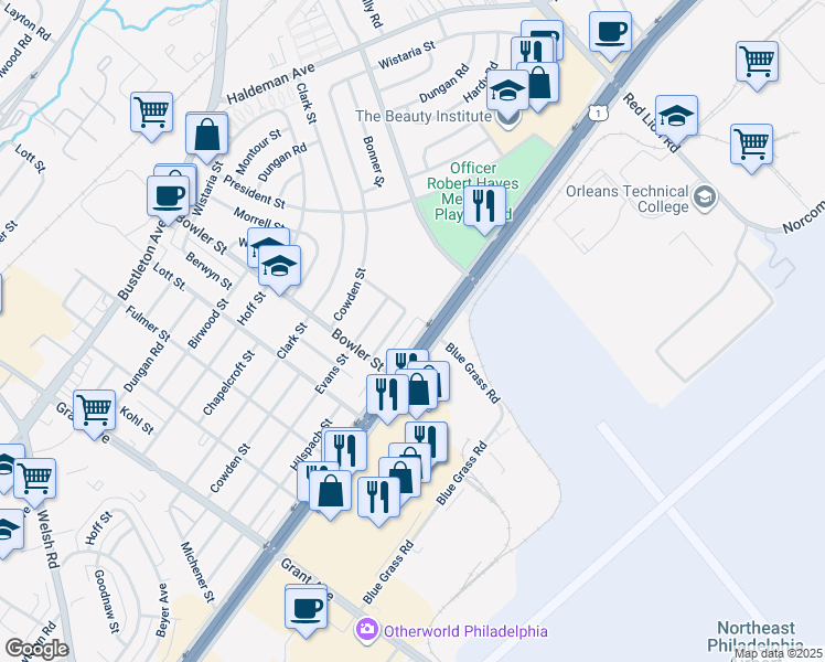 map of restaurants, bars, coffee shops, grocery stores, and more near 9792 Roosevelt Boulevard in Philadelphia