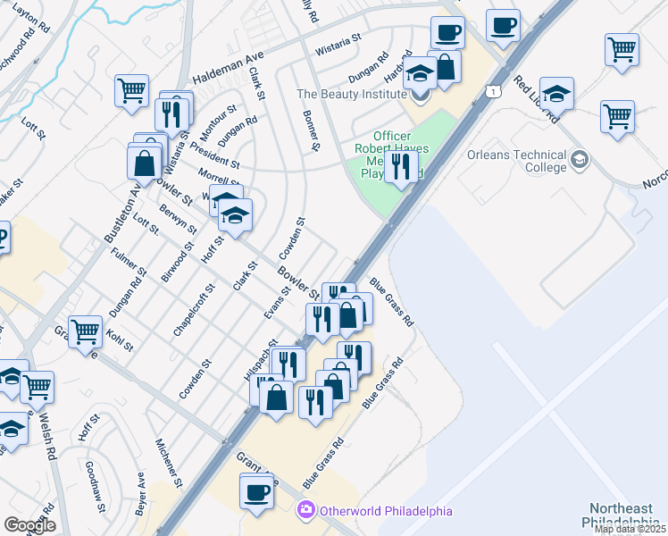 map of restaurants, bars, coffee shops, grocery stores, and more near 9778 Hilspach Street in Philadelphia