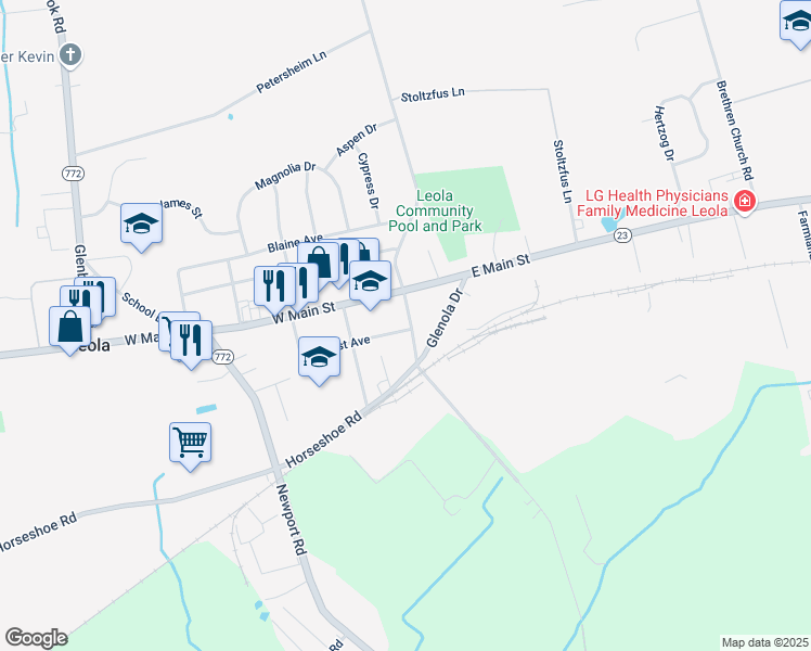 map of restaurants, bars, coffee shops, grocery stores, and more near 11 South Maple Avenue in Leacock-Leola-Bareville