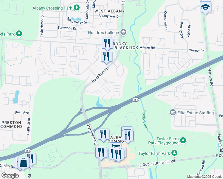 map of restaurants, bars, coffee shops, grocery stores, and more near 6225 Walton Breck Way in Westerville