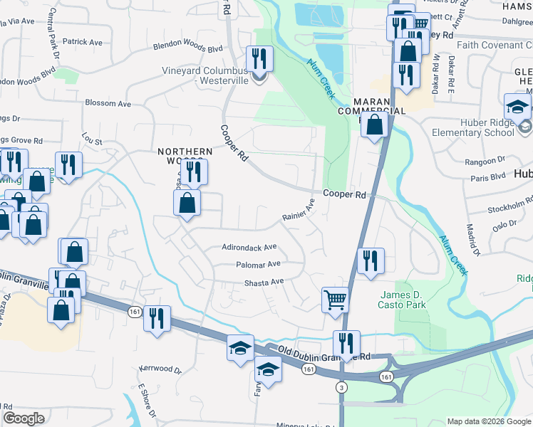 map of restaurants, bars, coffee shops, grocery stores, and more near 5646 Balkan Place in Columbus