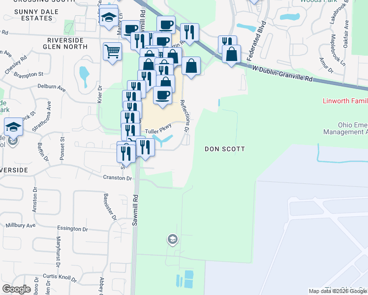 map of restaurants, bars, coffee shops, grocery stores, and more near 6418 Reflections Drive in Dublin