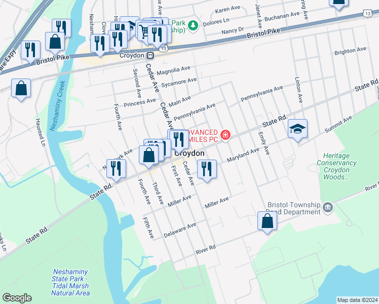 map of restaurants, bars, coffee shops, grocery stores, and more near in Croydon